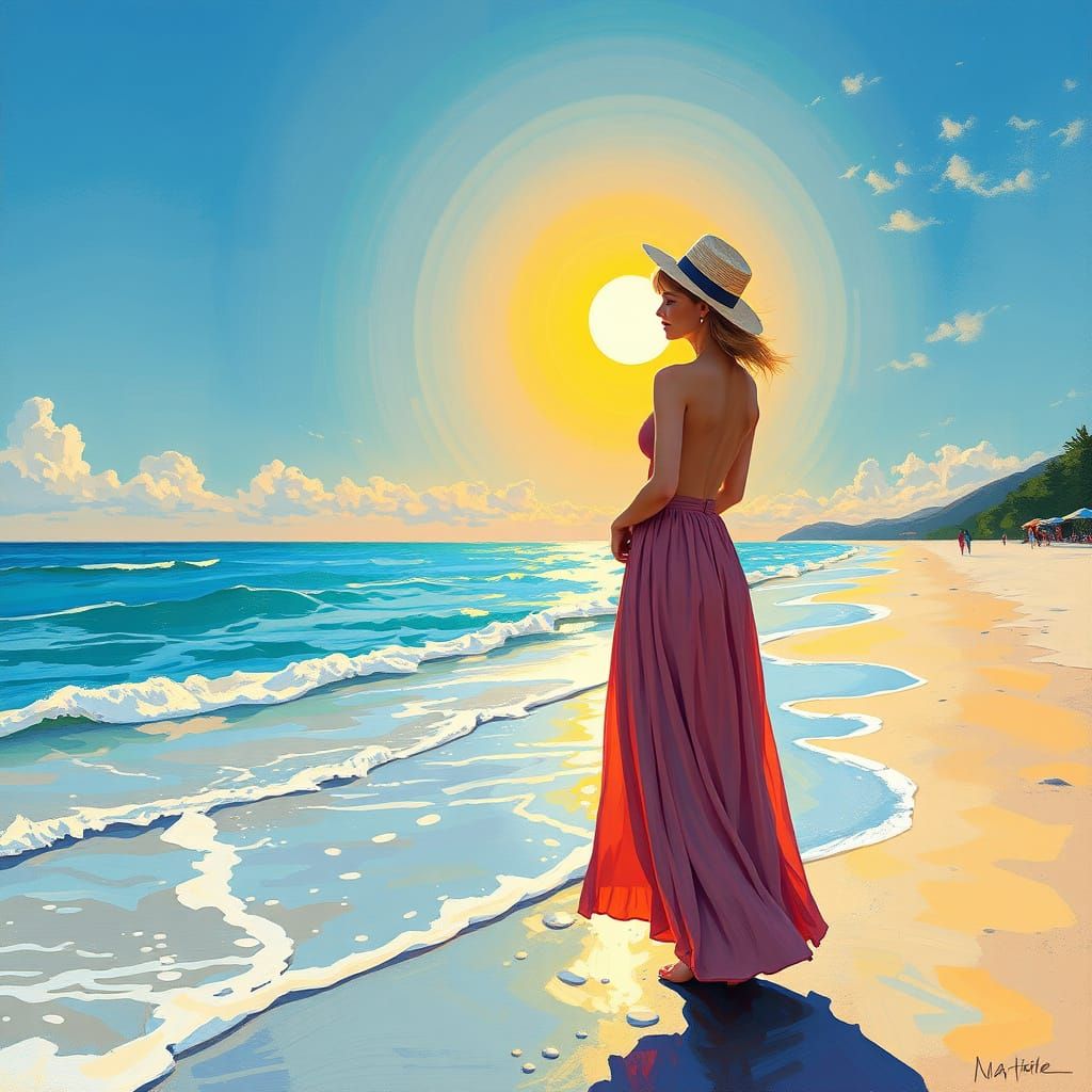 Woman Admiring Beach Sunset in Impressionistic Style