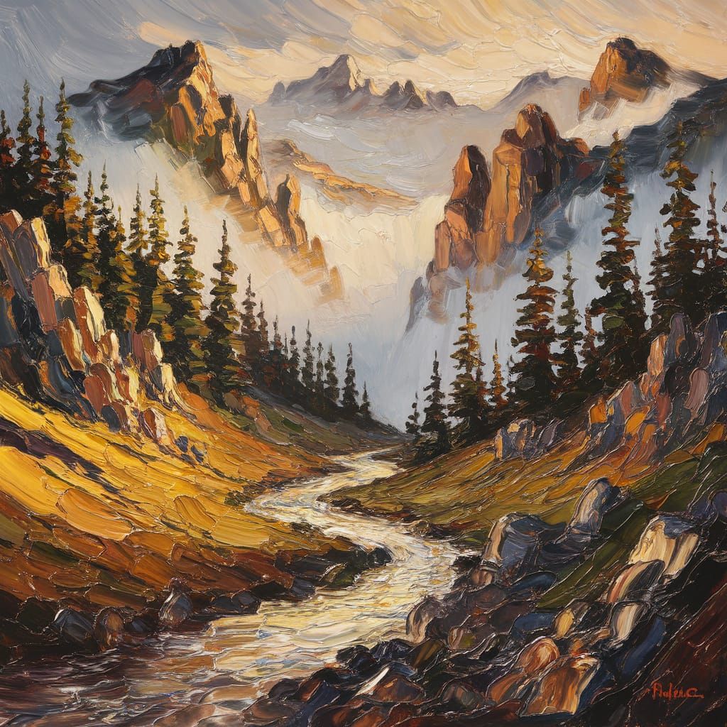 Sweeping Mountain Landscape Oil Painting at Golden Hour