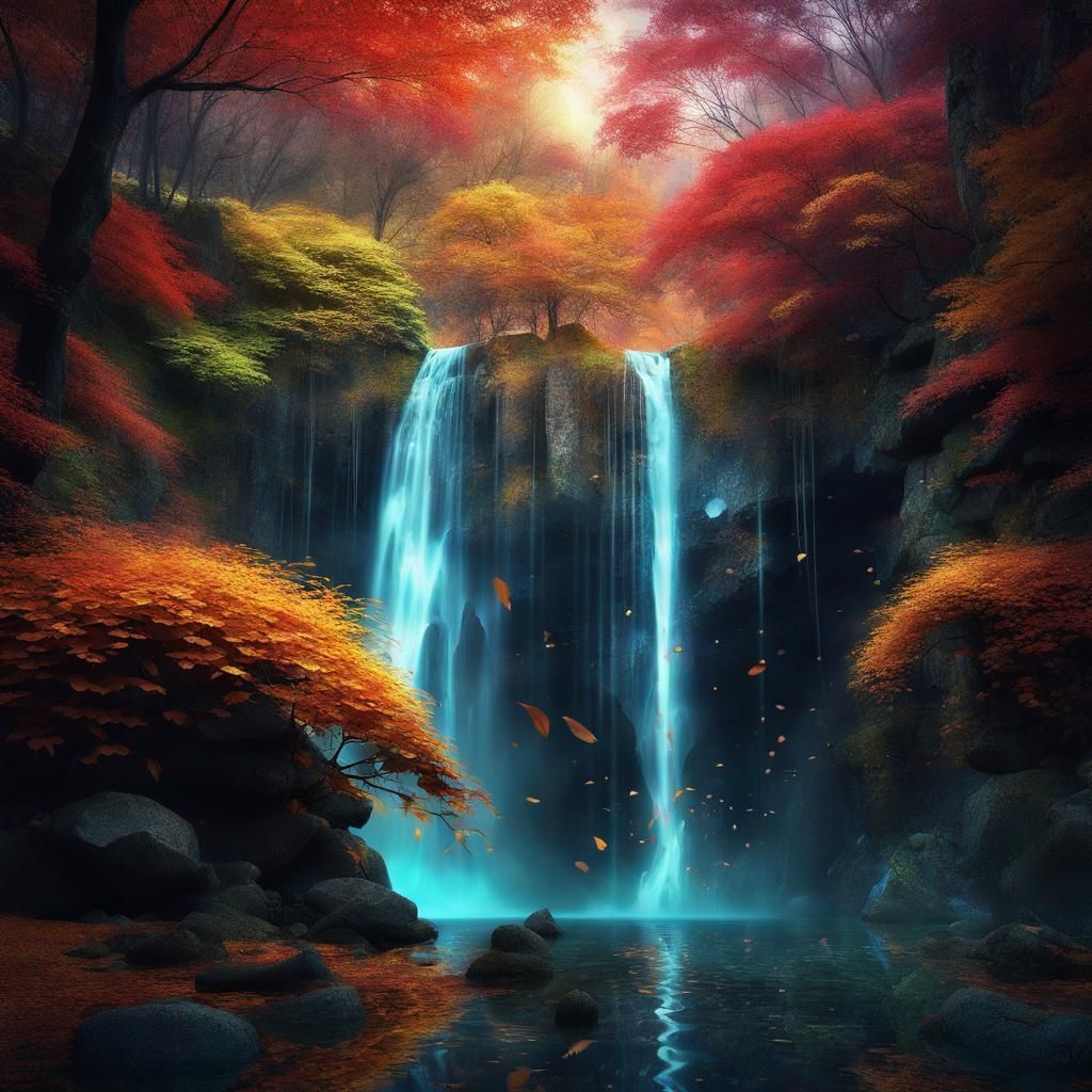 Mysterious Autumn Waterfall in Japanese Forest