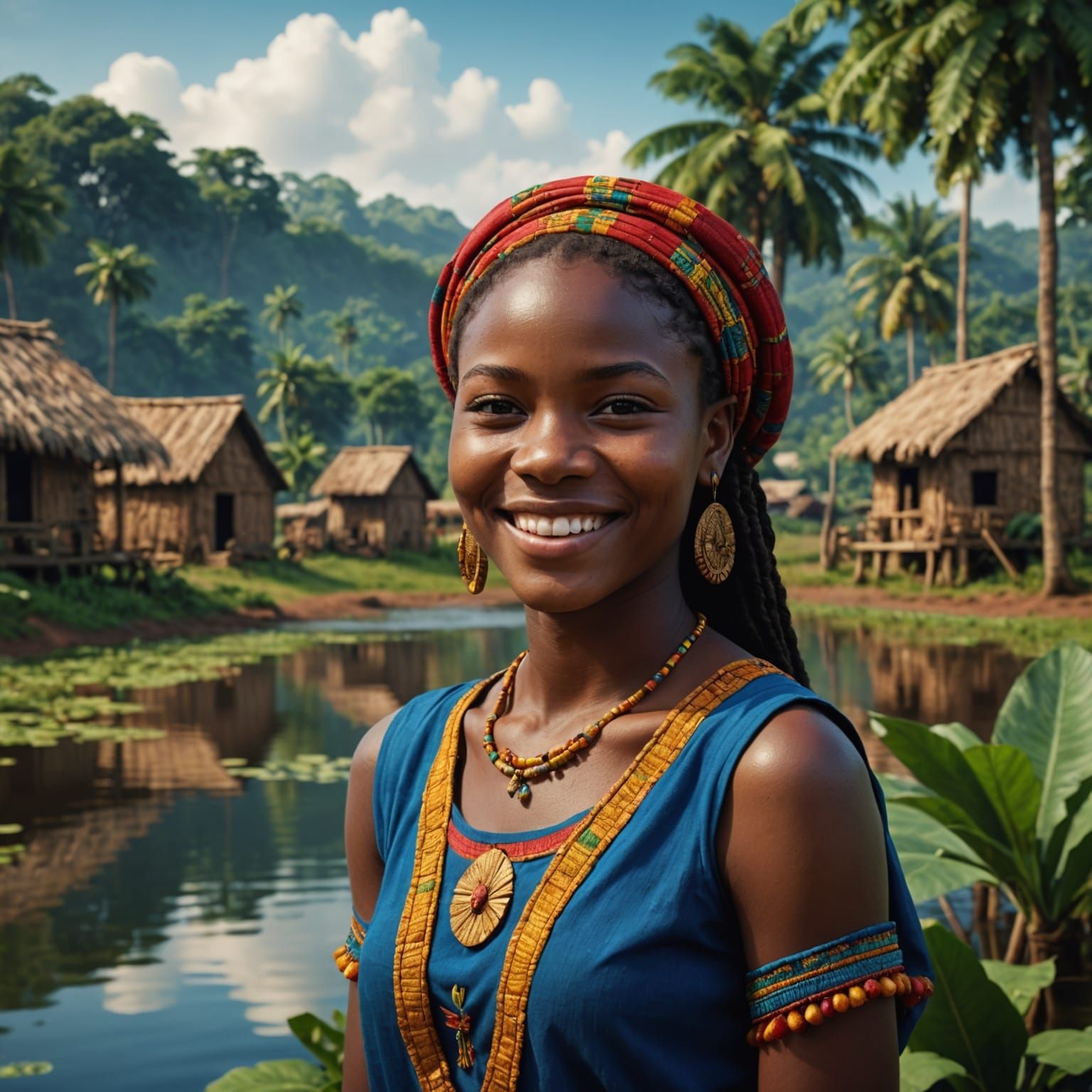 Beautiful Cameroonian Girl in Lush Village, Photorealistic