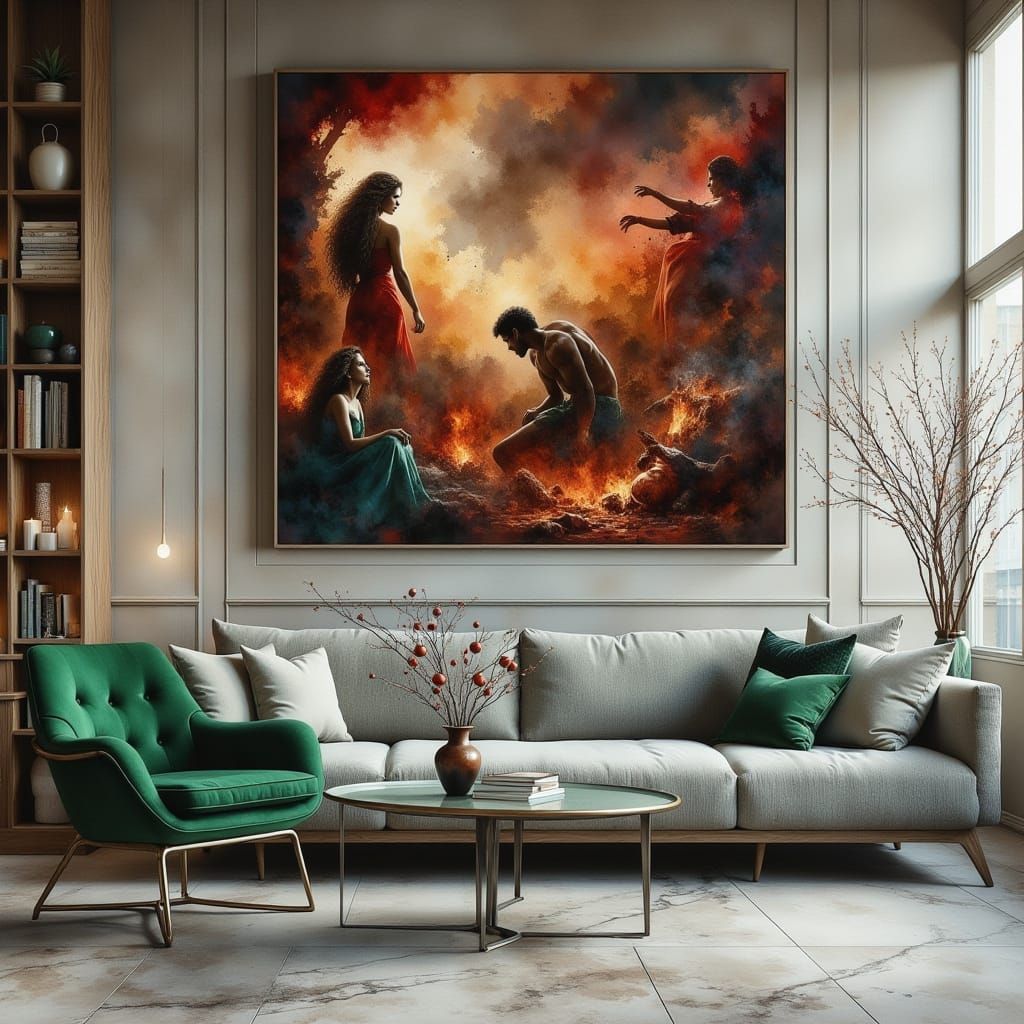 Minimalist Living Room with Inferno Oil Painting in Watercol...