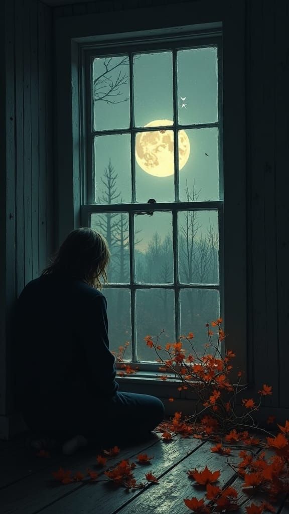 Eerie Glow: Figure by Window Under Pole Star