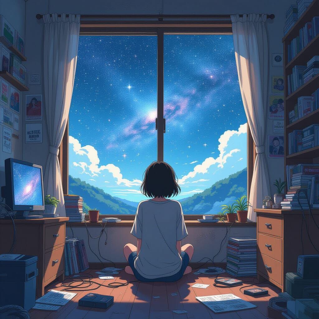 Anime Girl Gazing at Space in Shinkai Style