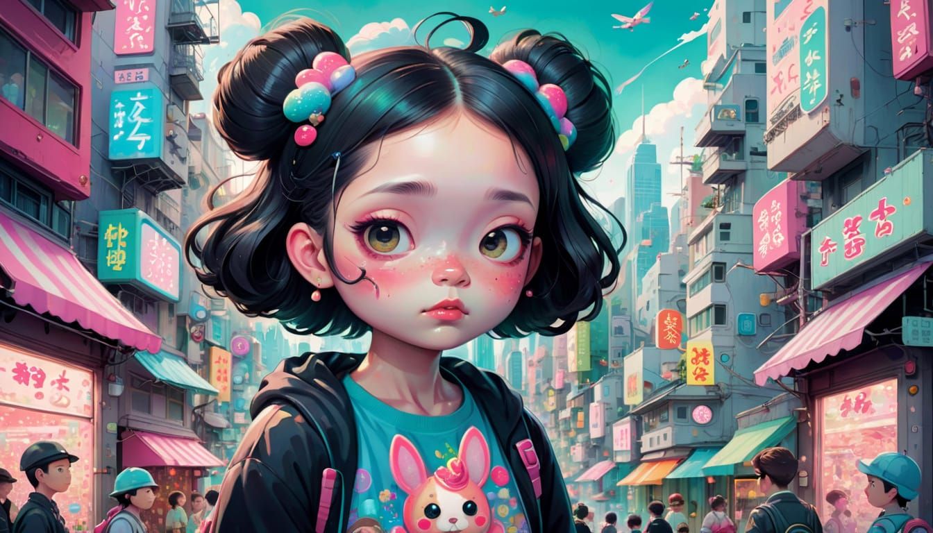 Colorful Cityscape Portrait in Superflat Style