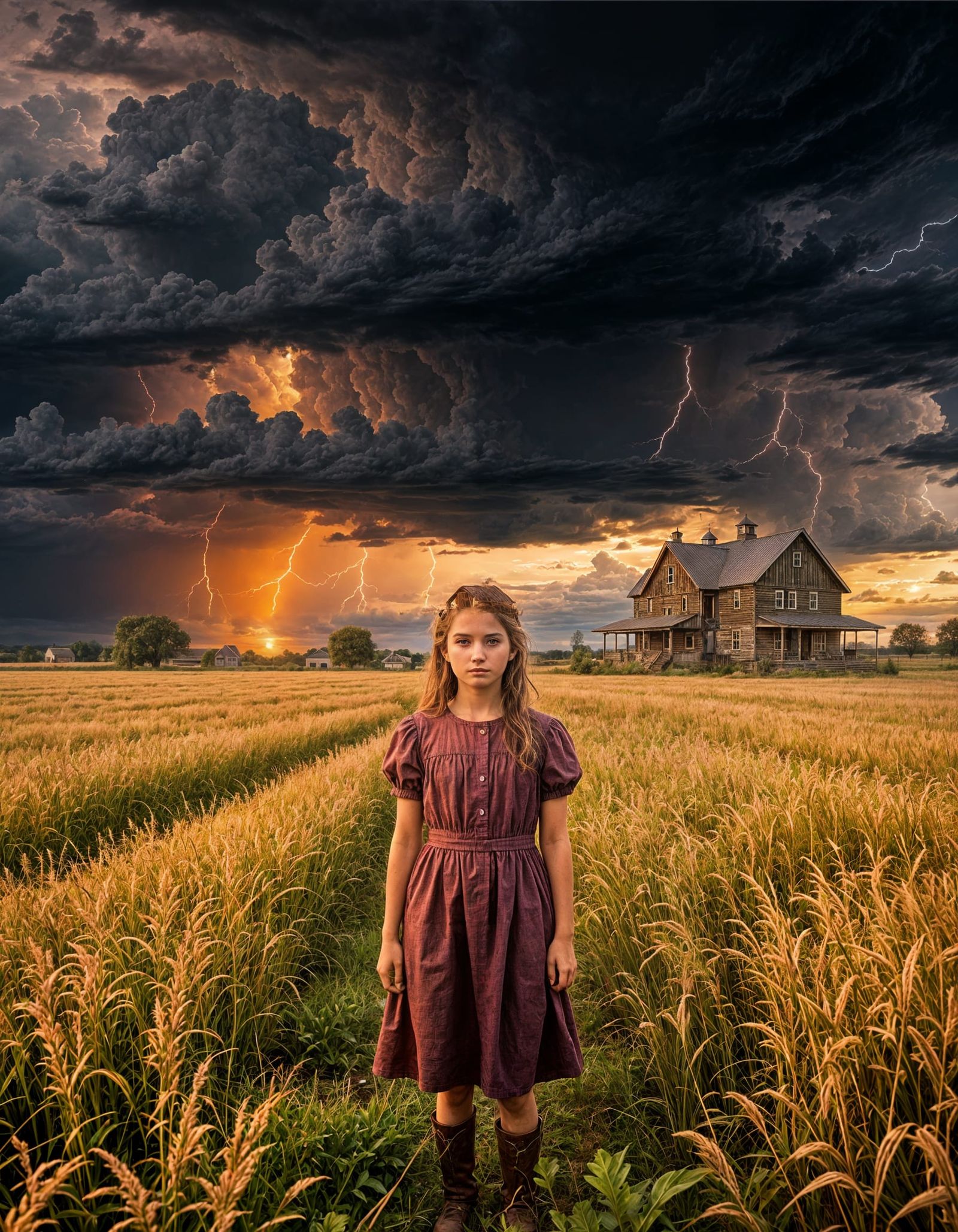 Young Girl in Field During Sunset Storm