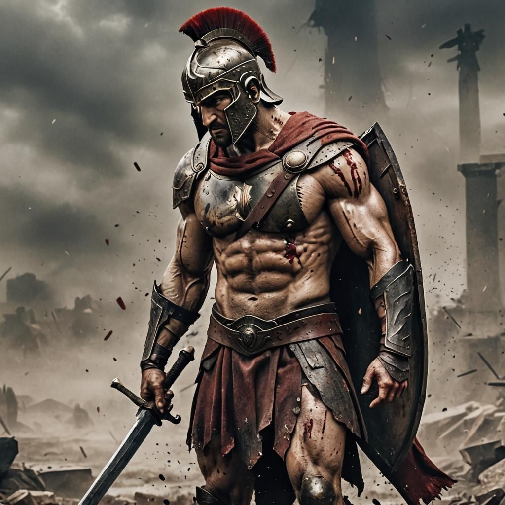 A muscular spartan warrior stands with his head bowed. His b...