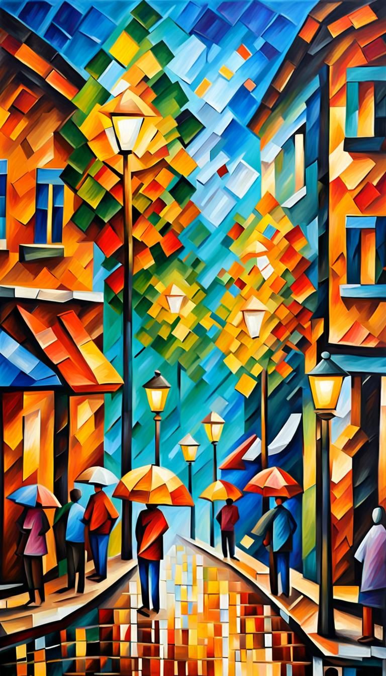 Cubist Street Scene in Expressionist Oil Painting