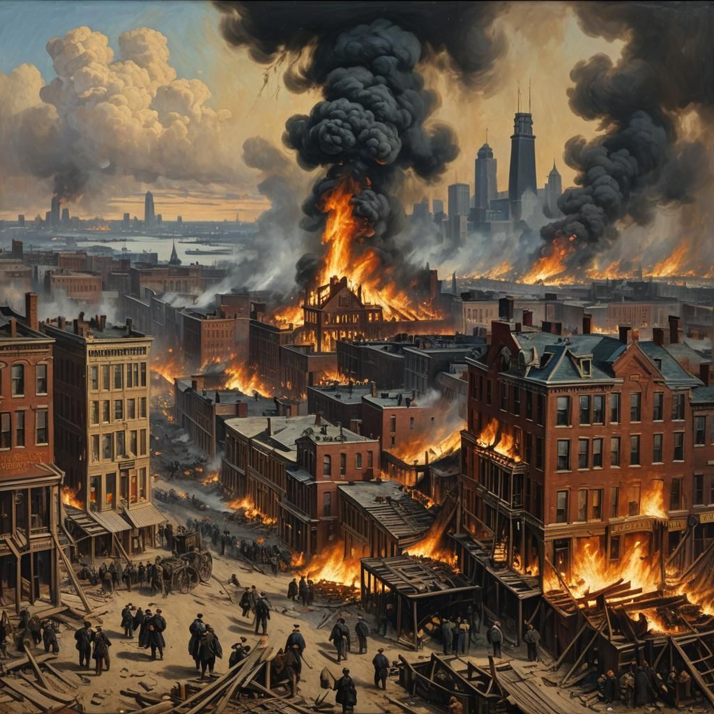 Chicago Fire of 1871 as Oil Painting