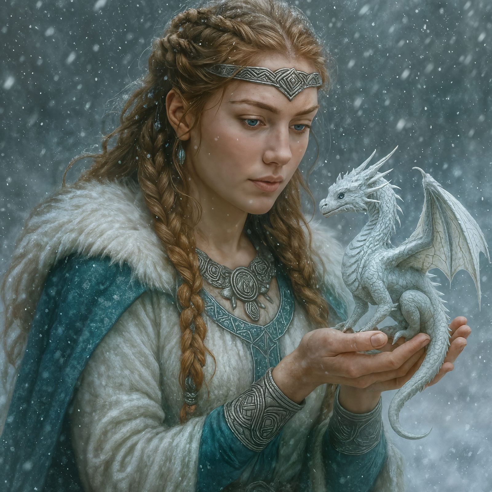 Viking Woman with Dragon in Snowstorm: CGI Art