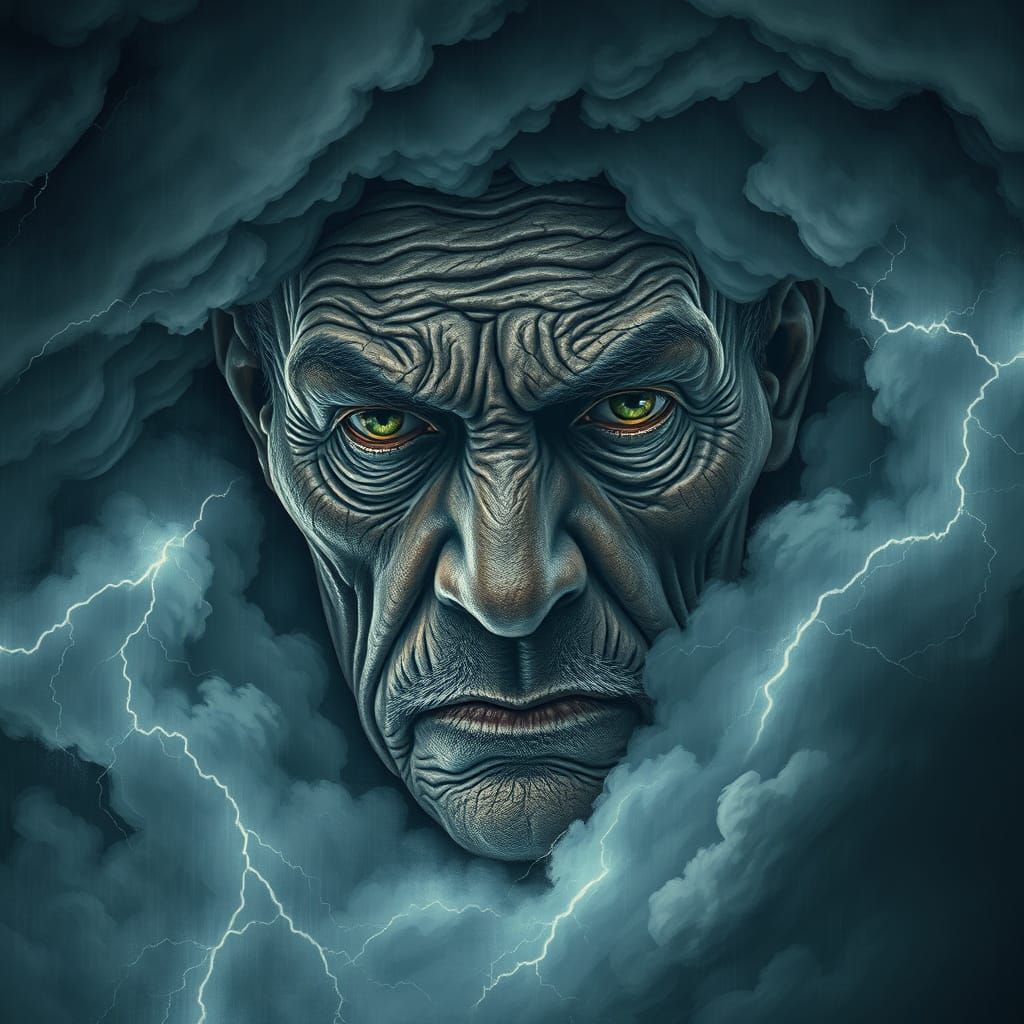 Weathered Face Emerge from Stormy Vortex