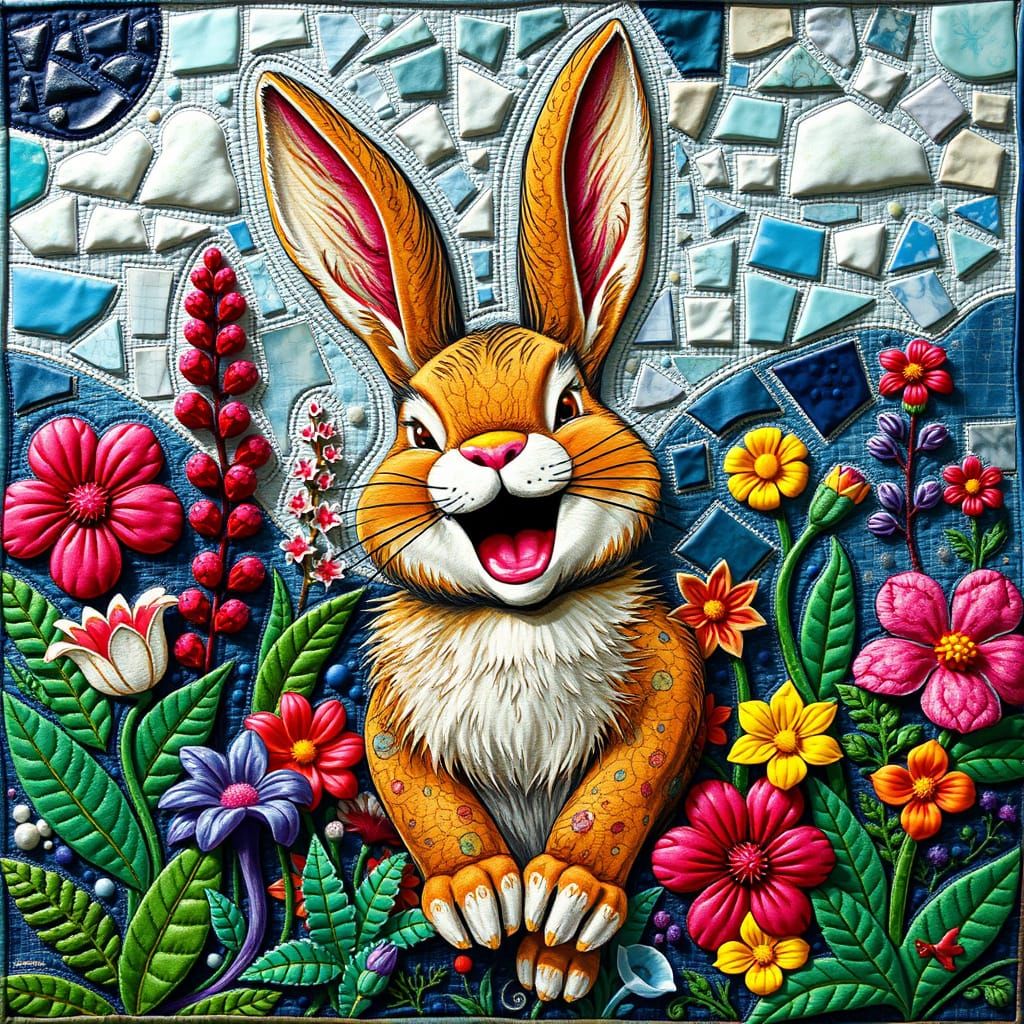 Laughing Bunny in Quilted Basquiat-Murakami Landscape