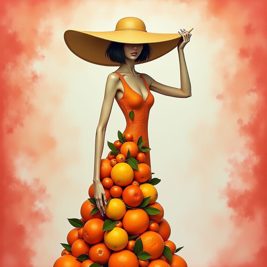 Stylized Woman in Citrus Dress with Wide Hat
