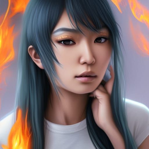 Asian Woman Portrait with Turquoise Eyes, Hyperdetailed