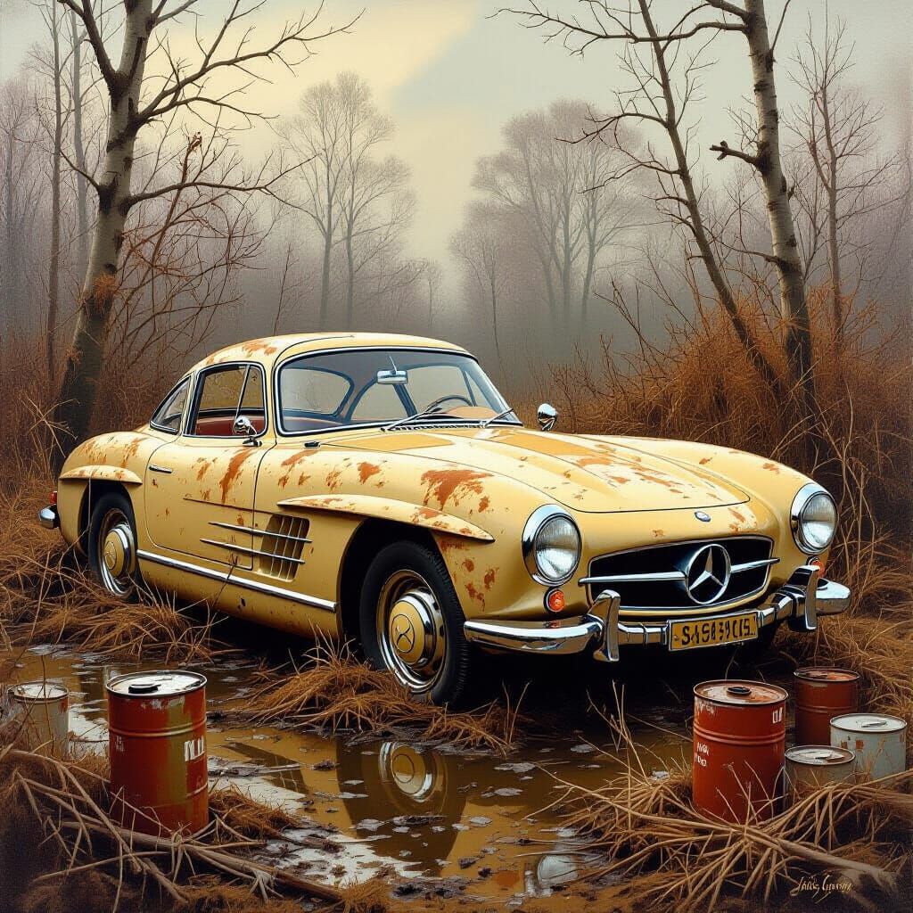 Abandoned Mercedes 300 SL in Overgrown Junkyard