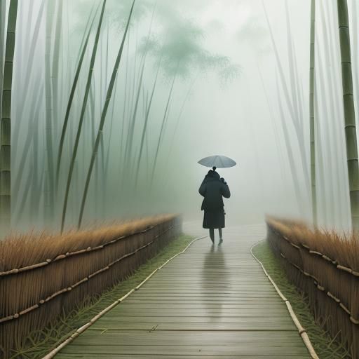Rainy Bamboo Path in Watercolor Style