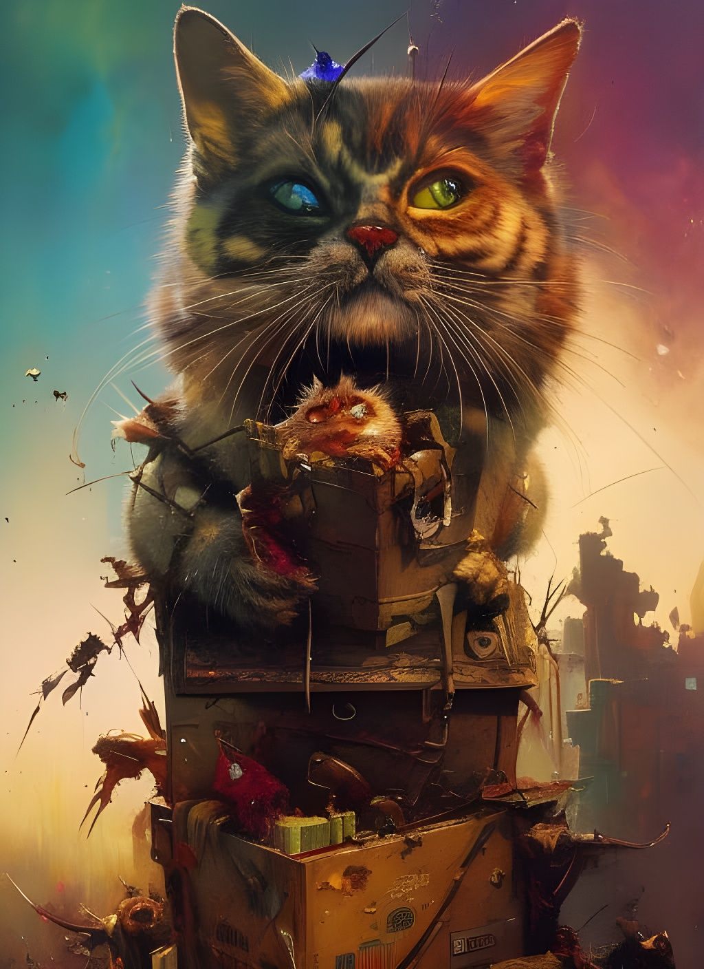 Zombie Cats Stuffing a Rotten Box: Crayon Caricature