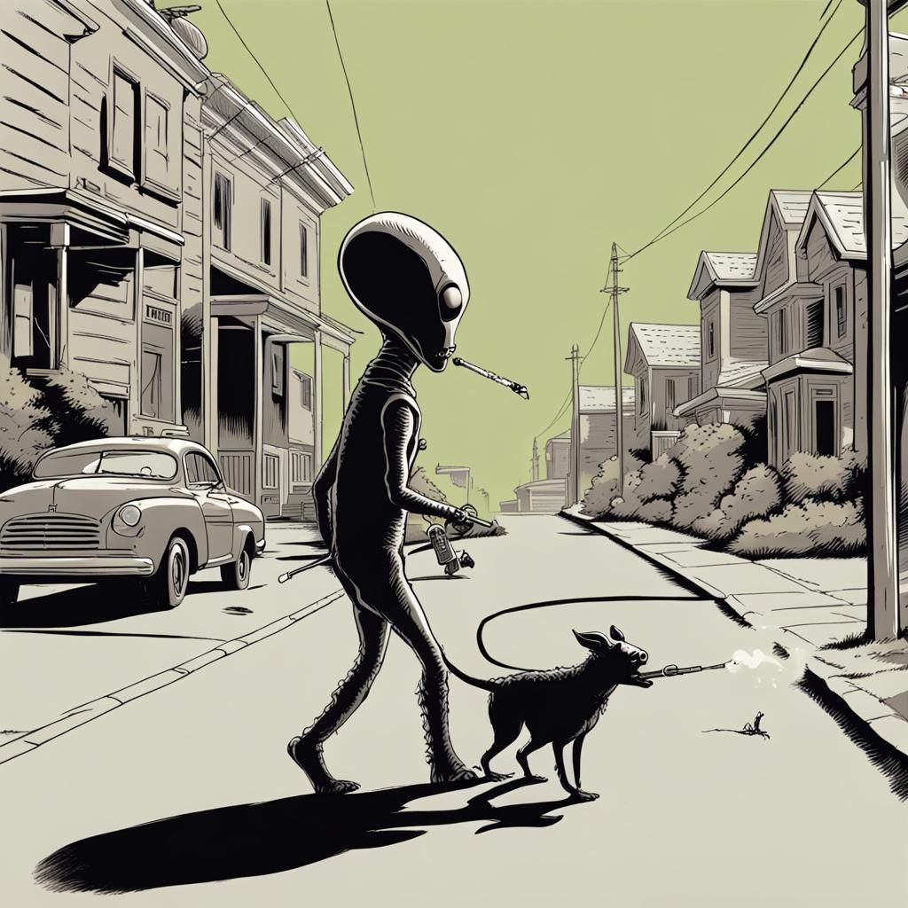 Alien Walks Dog, Smoking Cigarette