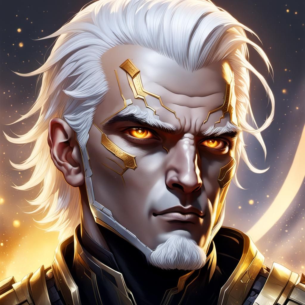 Hyperrealistic Quarian Male Portrait with Golden Eyes