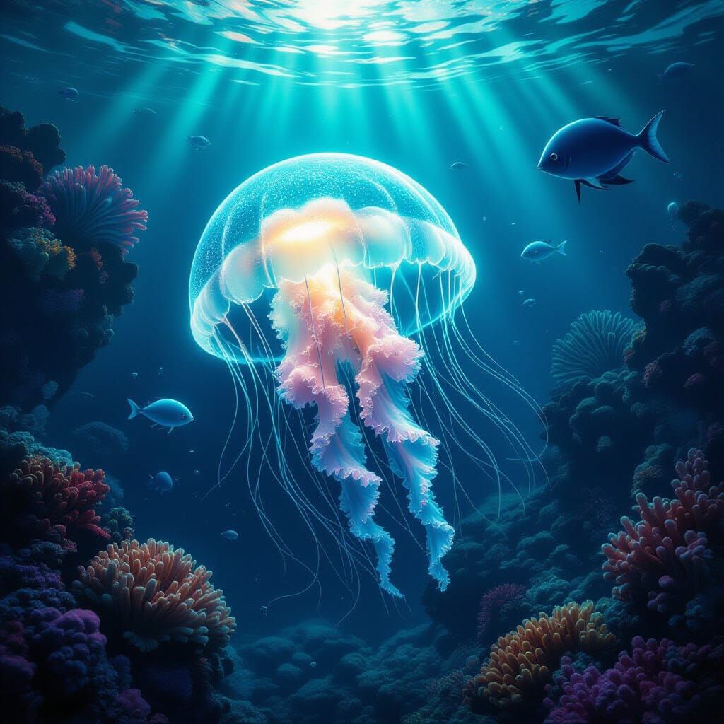 Bioluminescent Jellyfish in Surreal Underwater Dreamscape