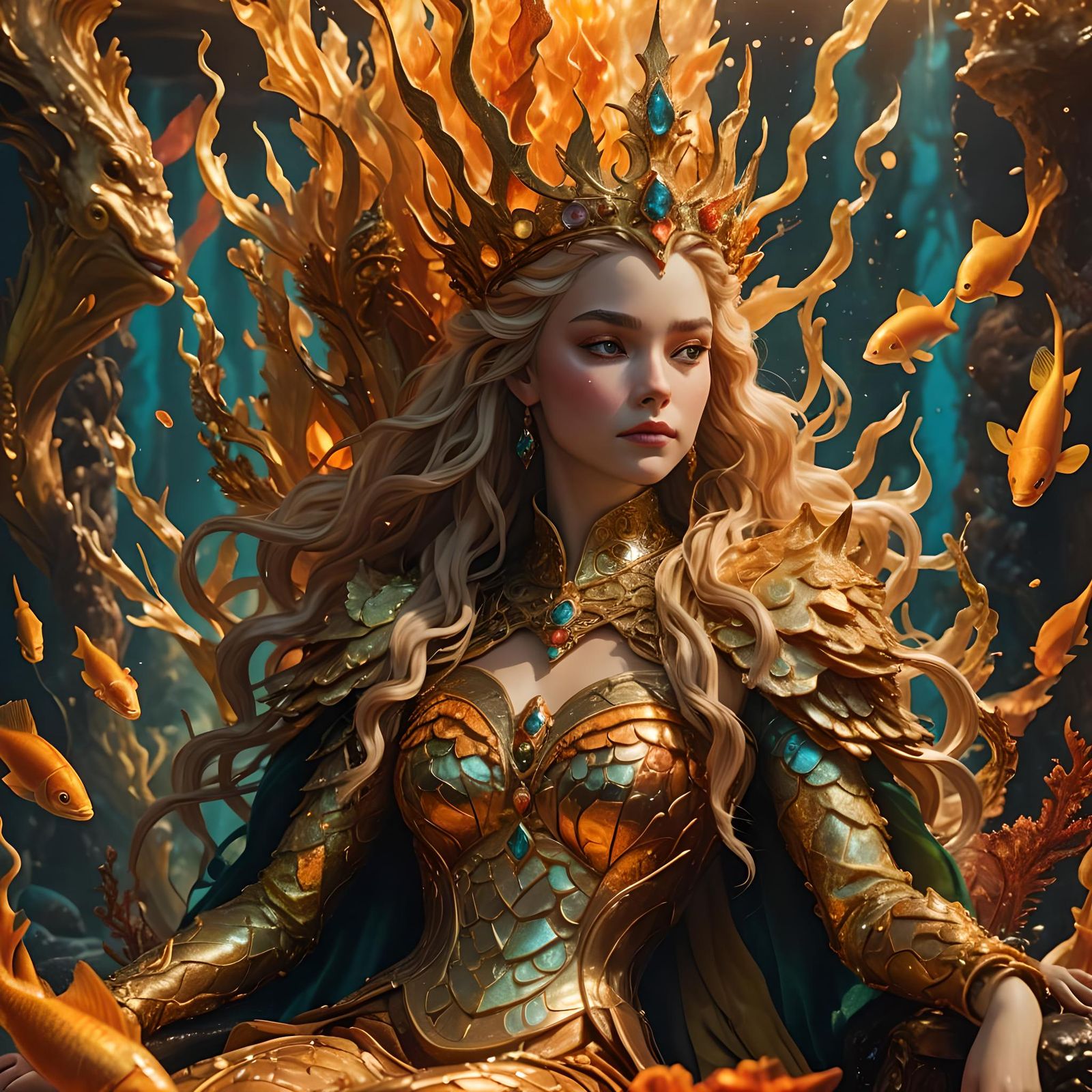 Underwater Fire Queen in Photorealistic Style