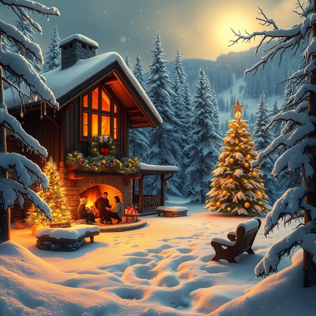 Cozy Winter Cabin Scene in Snowy Mountains with Christmas Li...