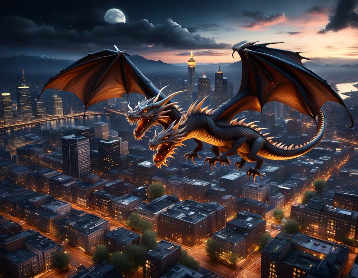 Dragon Over Portland: A Detailed Matte Painting