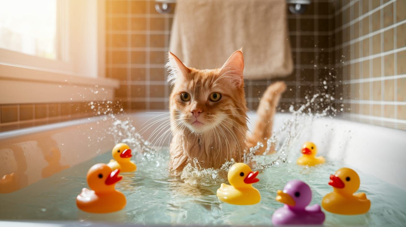Whimsical Cat Plays in Bathwater with Rubber Ducks