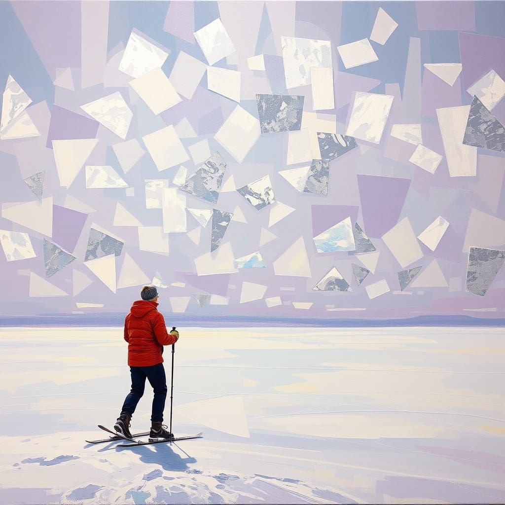 Skier Gazing at Geometric Sky in Abstract Expressionism