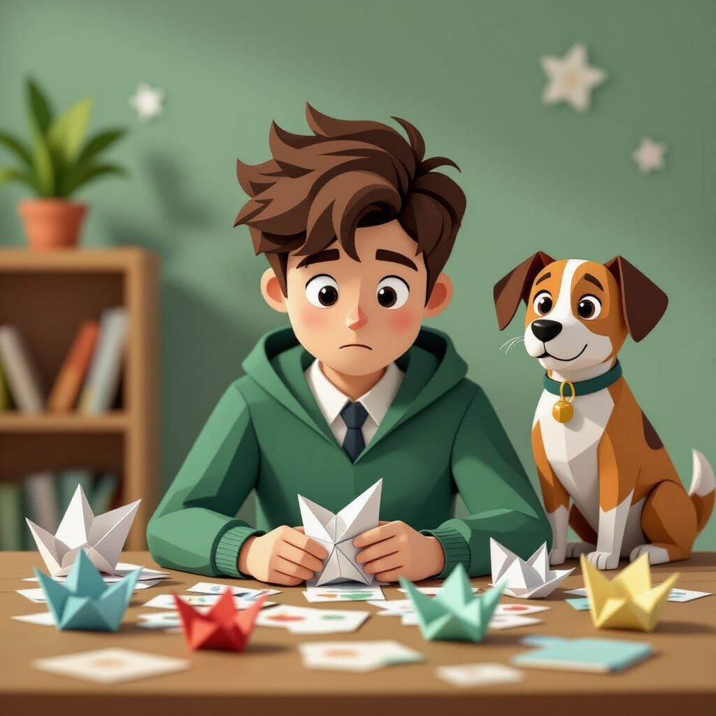Remorseful Student with Origami in Papercraft Style