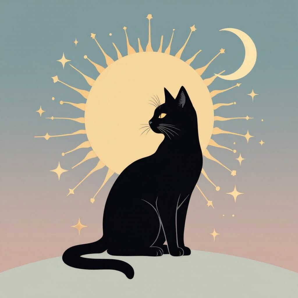 Black Cat Silhouette with Golden Celestial Accents