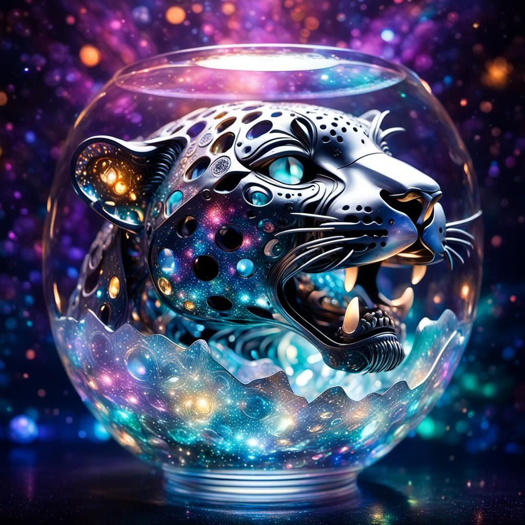 Ethereal Diamond Jaguar Head in Cosmic Crystal Bowl