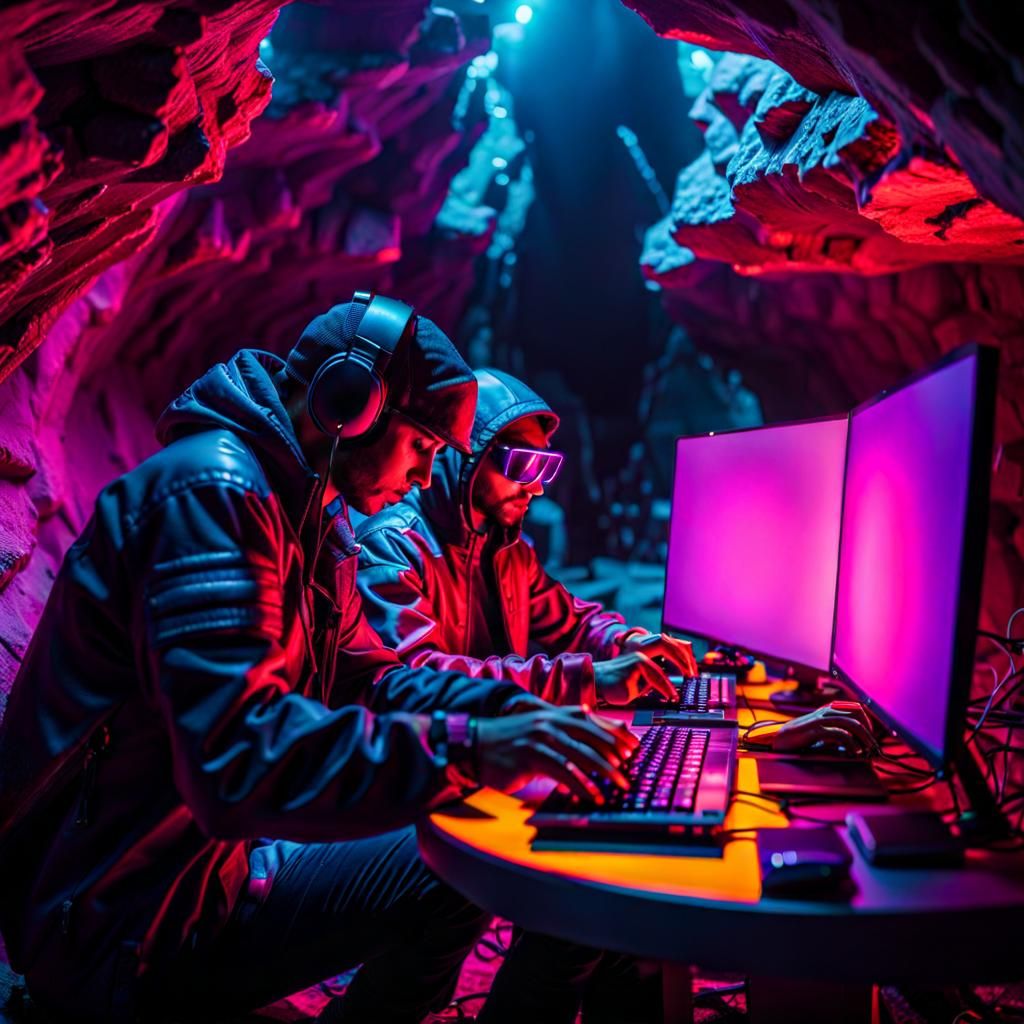 Cyberpunk Hackers in a Neon Cave
