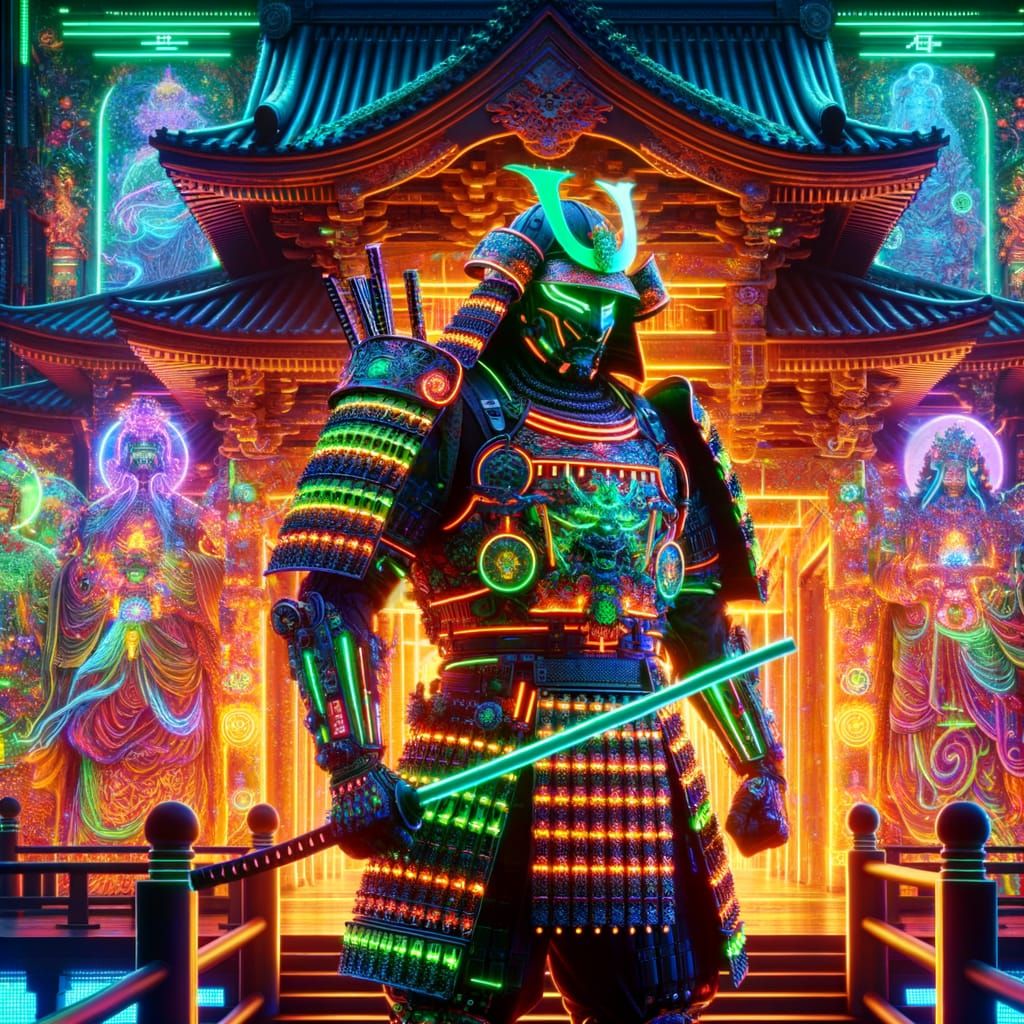 Futuristic Samurai Warlord in Neon-Lit Neo-Roman Temple