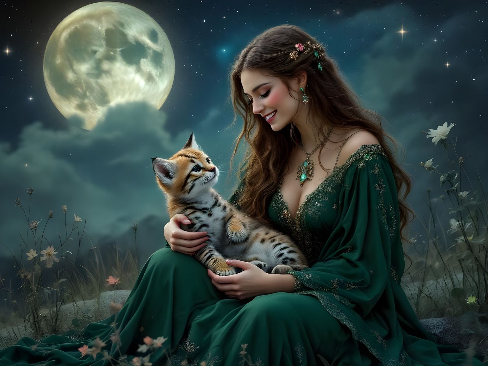 Norse Goddess Heals Ocelot Cub: Detailed Matte Painting