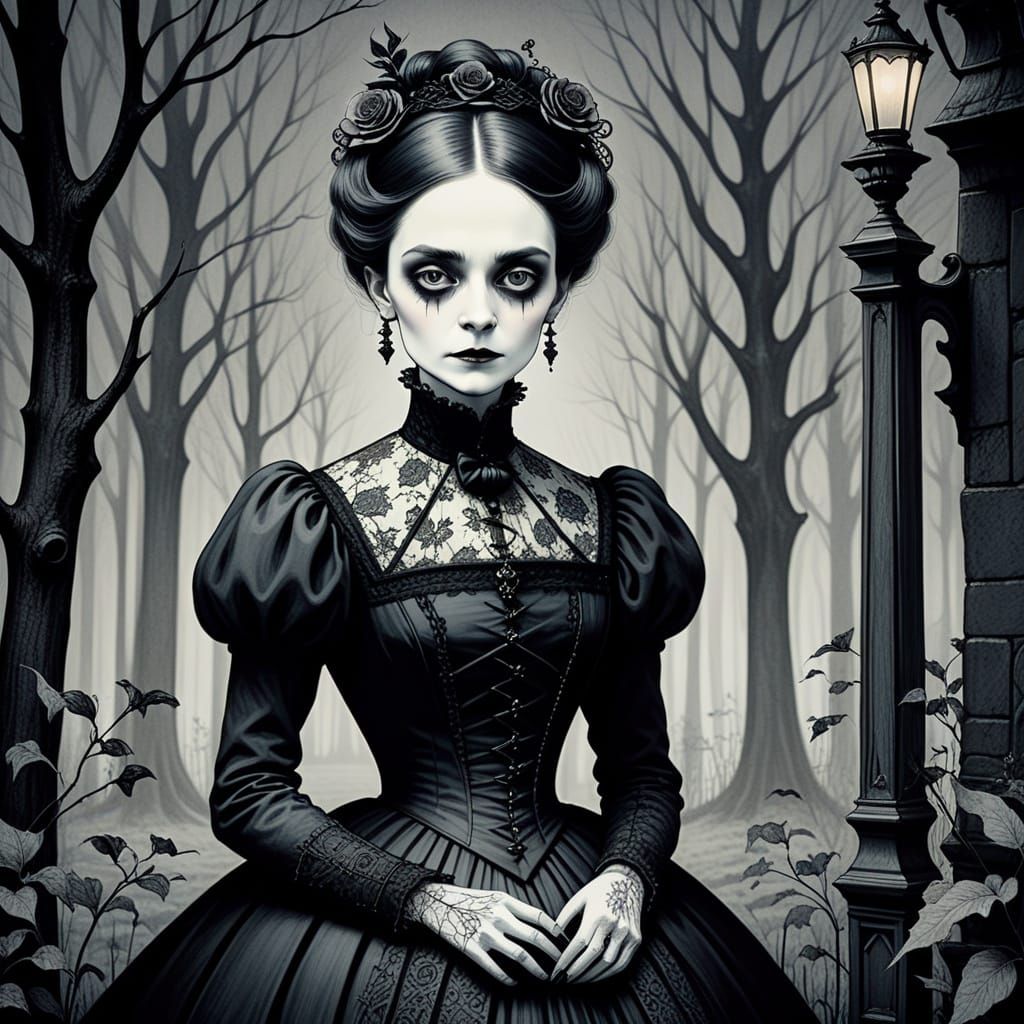 Gothic Victorian Lady Portrait in Pen and Ink Style