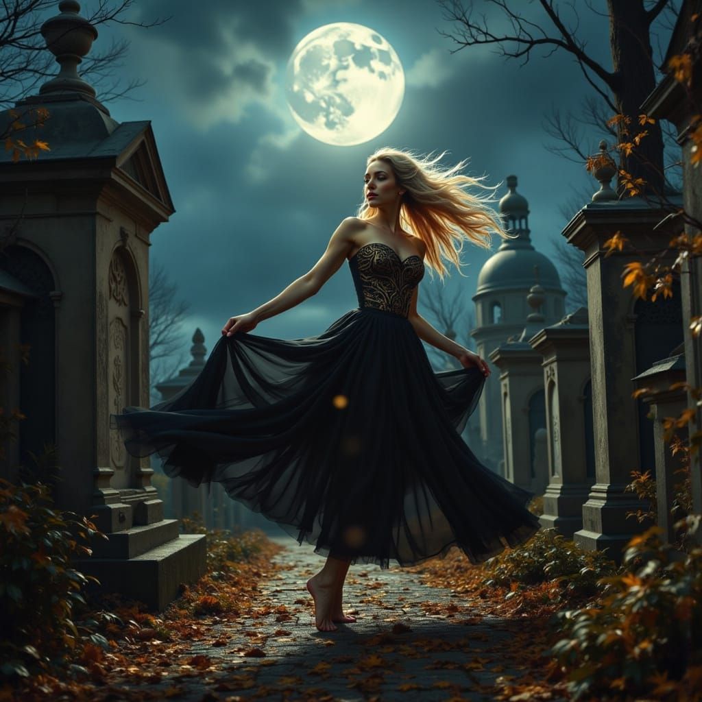 Sultry Woman Dances Under Full Moonlight in Noir Royale Styl...