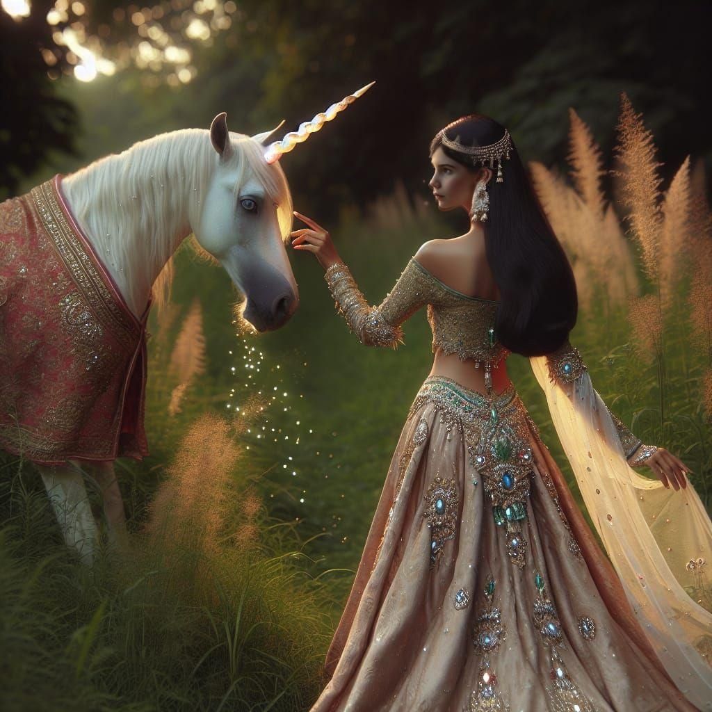 Princess Meets Mystical Unicorn in Meadow at Sunset