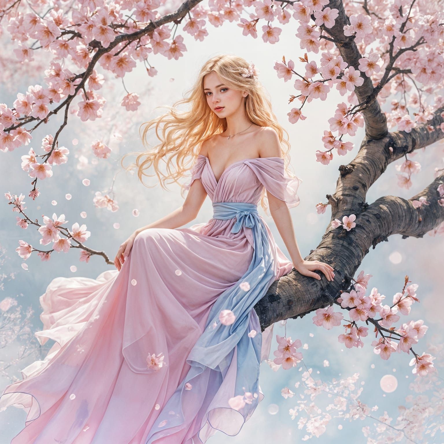 Elegant Woman on Cherry Blossom Branch, Dreamy Watercolor St...