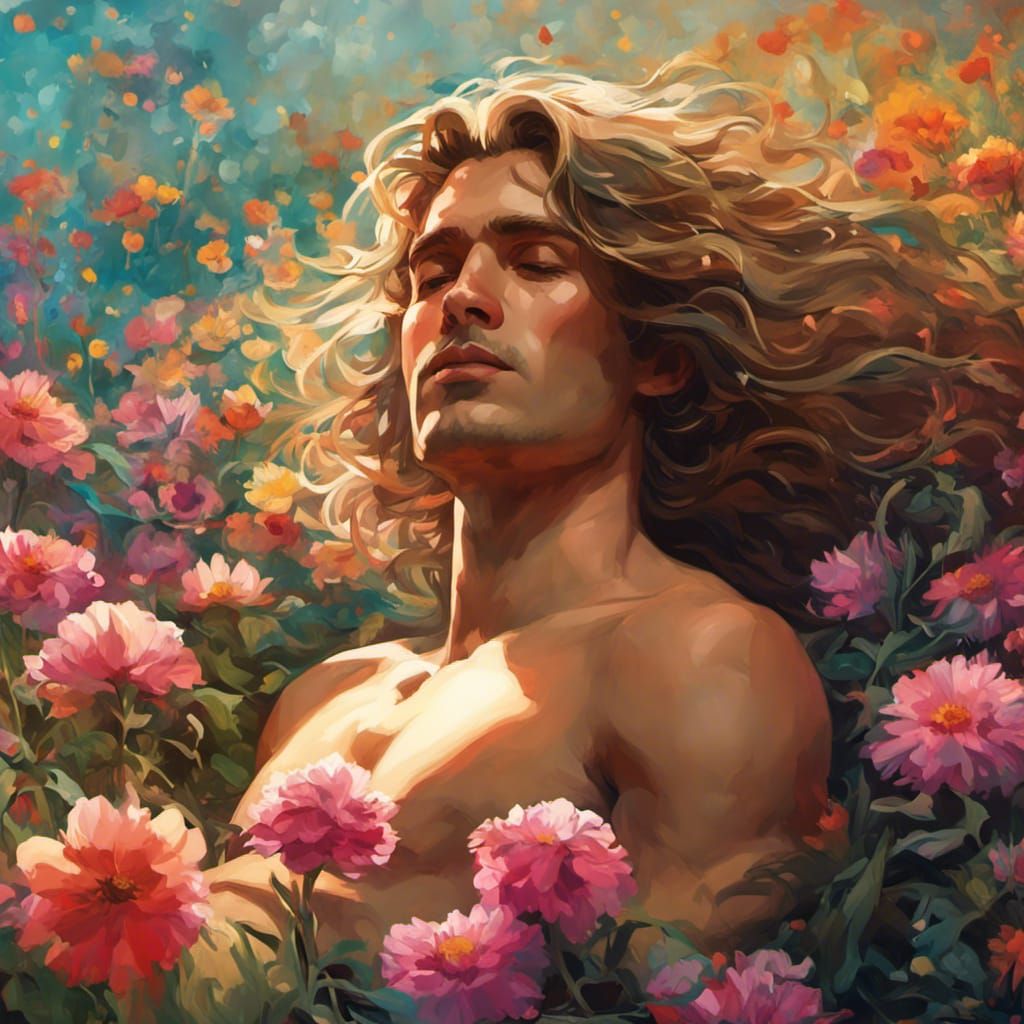 Romantic Man in Field, Alphonse Mucha Style