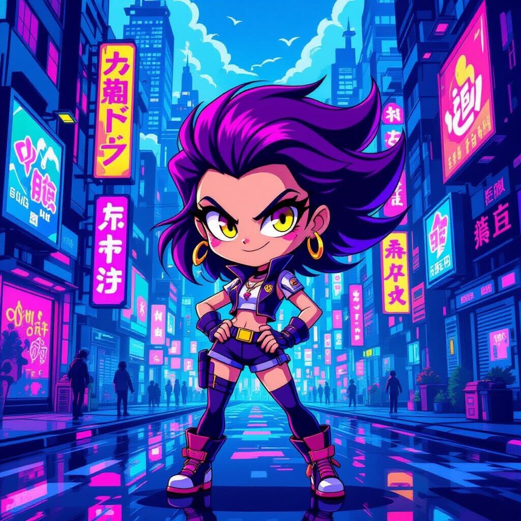 Vee from Dandy's World in Surreal Neon Cityscape