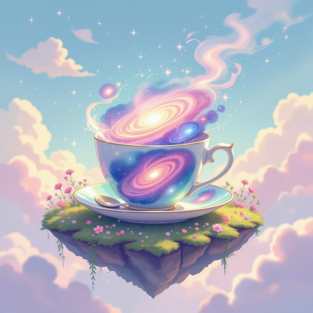 Whimsical Teacup Overflowing With Galaxies on Floating Islan...