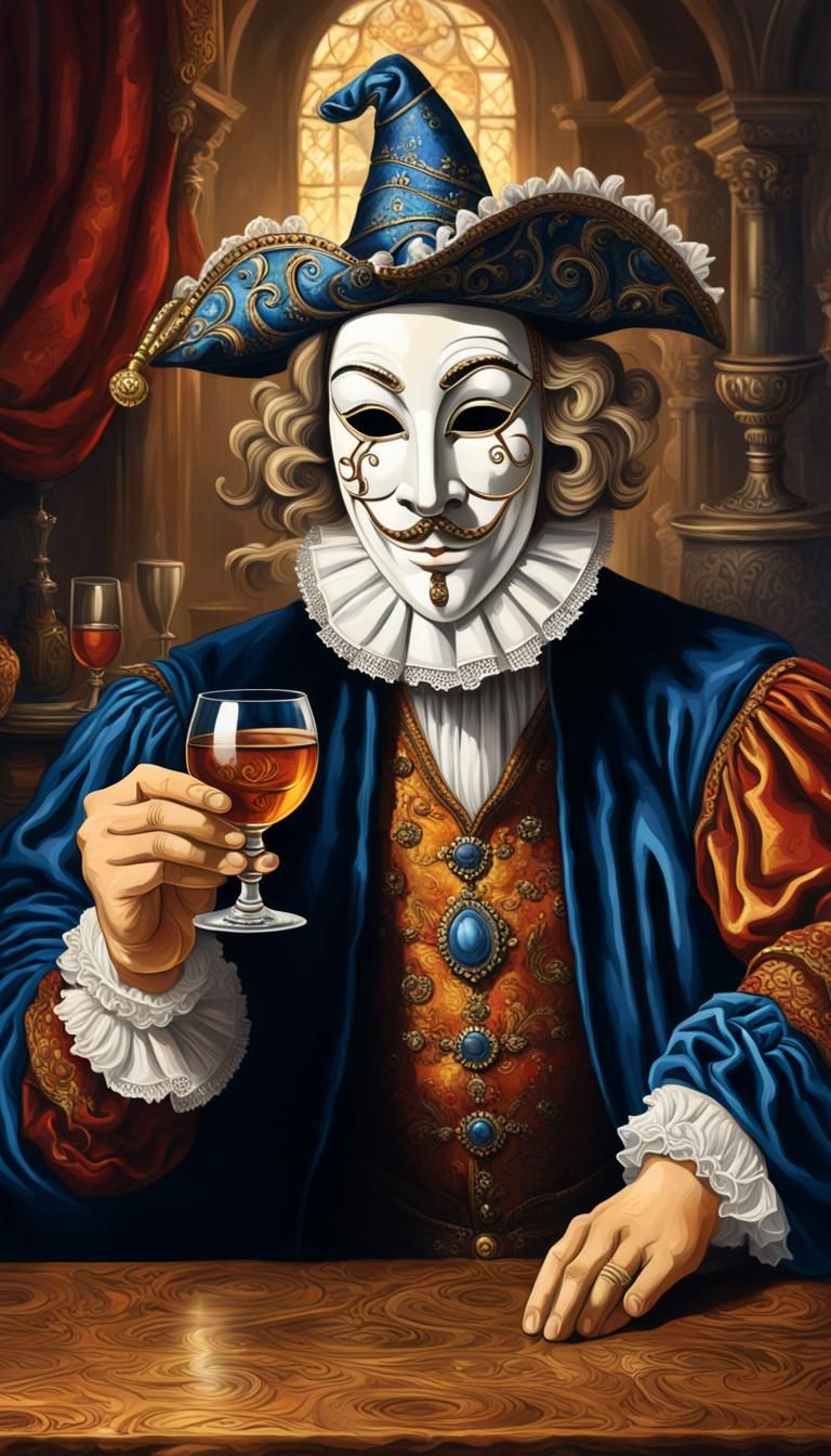 Aristocratic Masked Figure with Brandy in Rembrandt Style