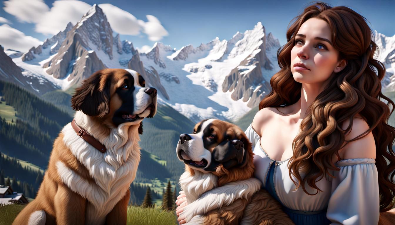 Woman with Saint Bernard in the Swiss Alps