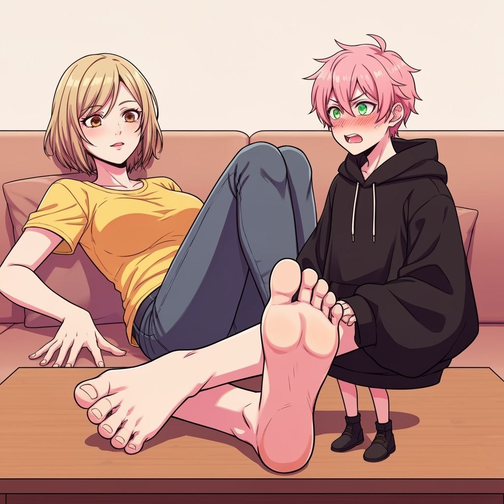 Giantess and Tiny Boy in Anime Art Style