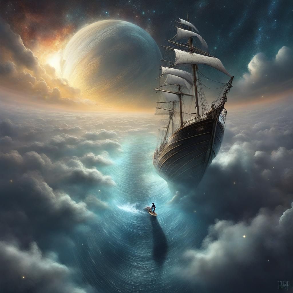 Sailboat on Edge of Flat Earth, Surreal Art