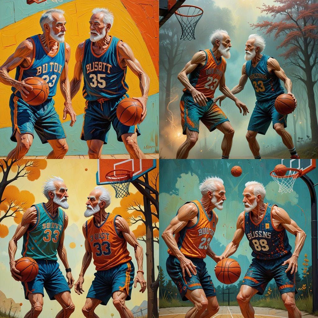 Basketball Game with Old Men in Art Brut Style