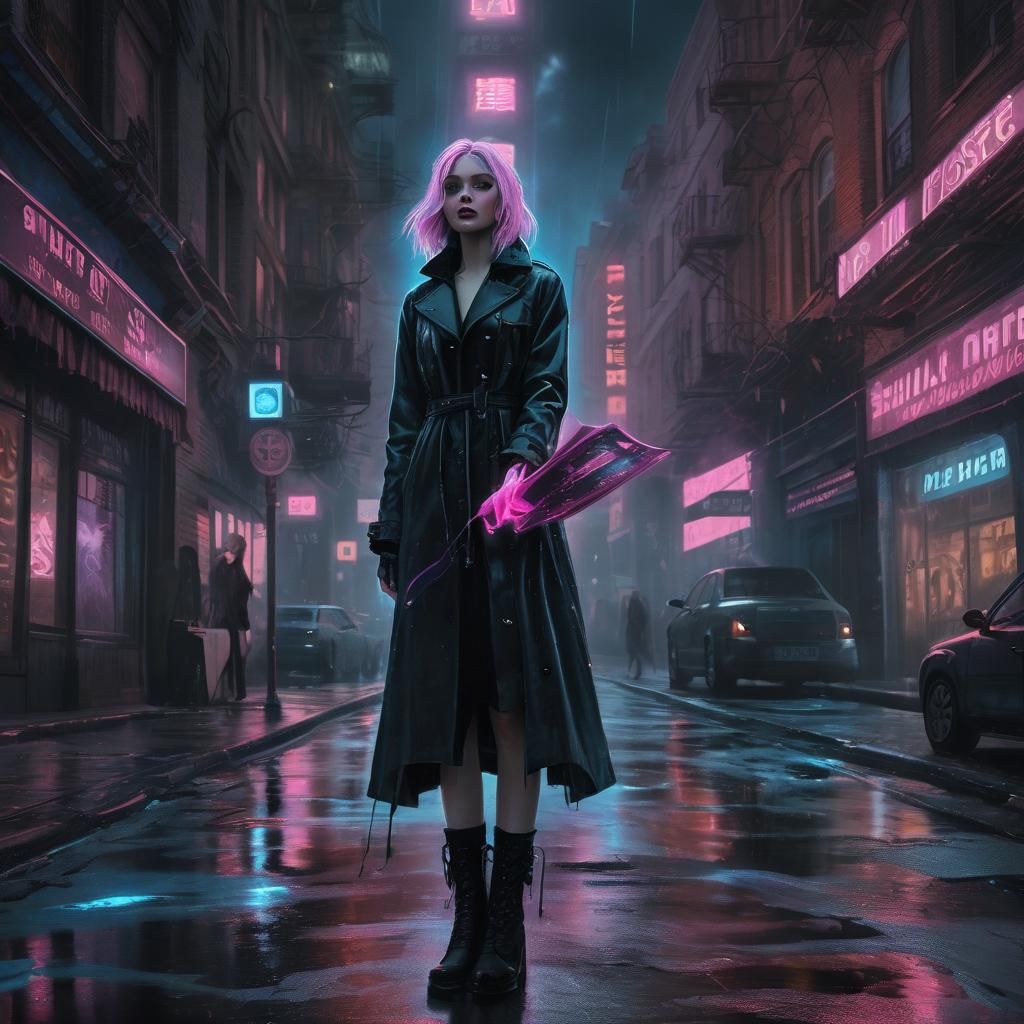 Gothic Woman in Dystopian City: Neon Oil Painting
