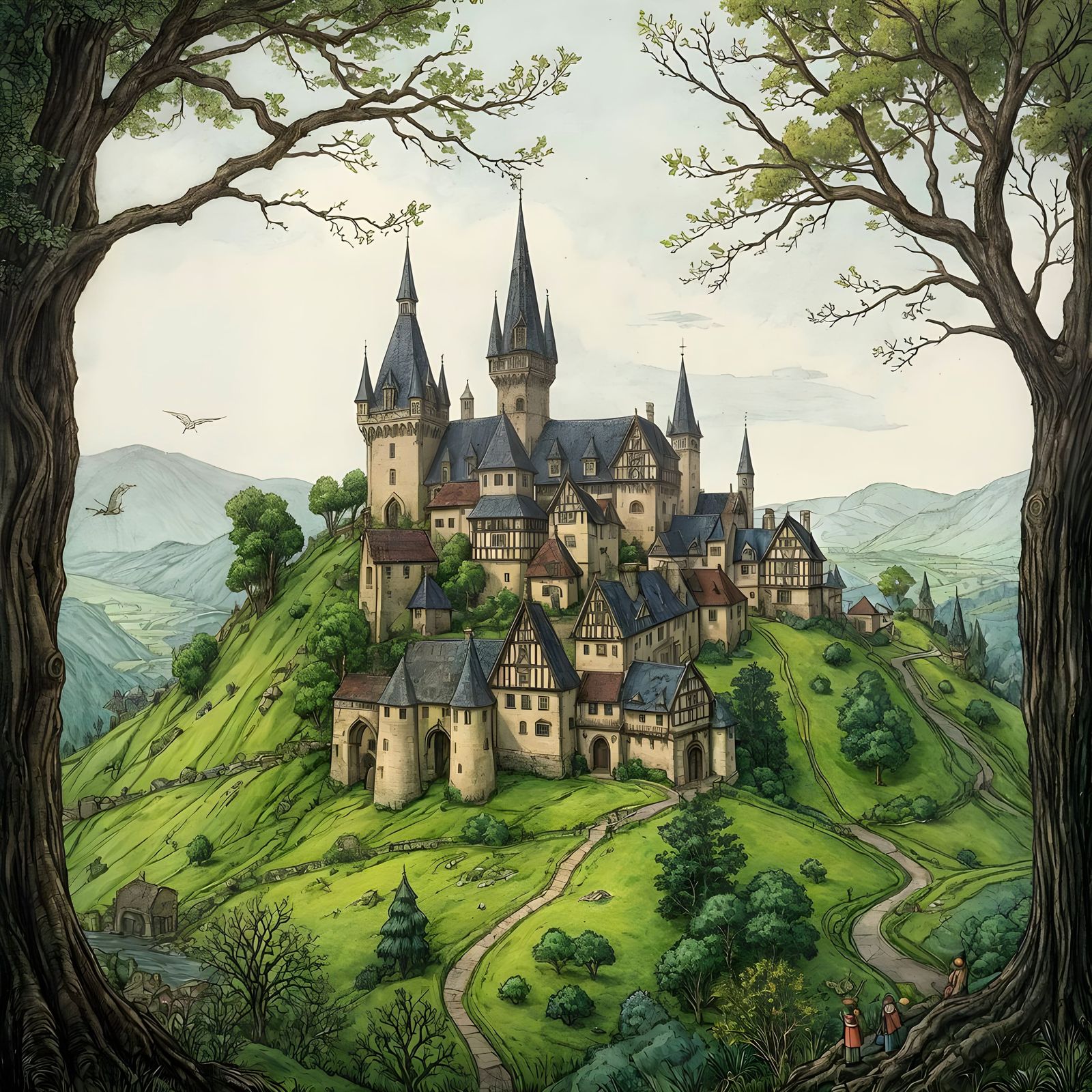 Medieval Town Illustration in Arthur Rackham Style