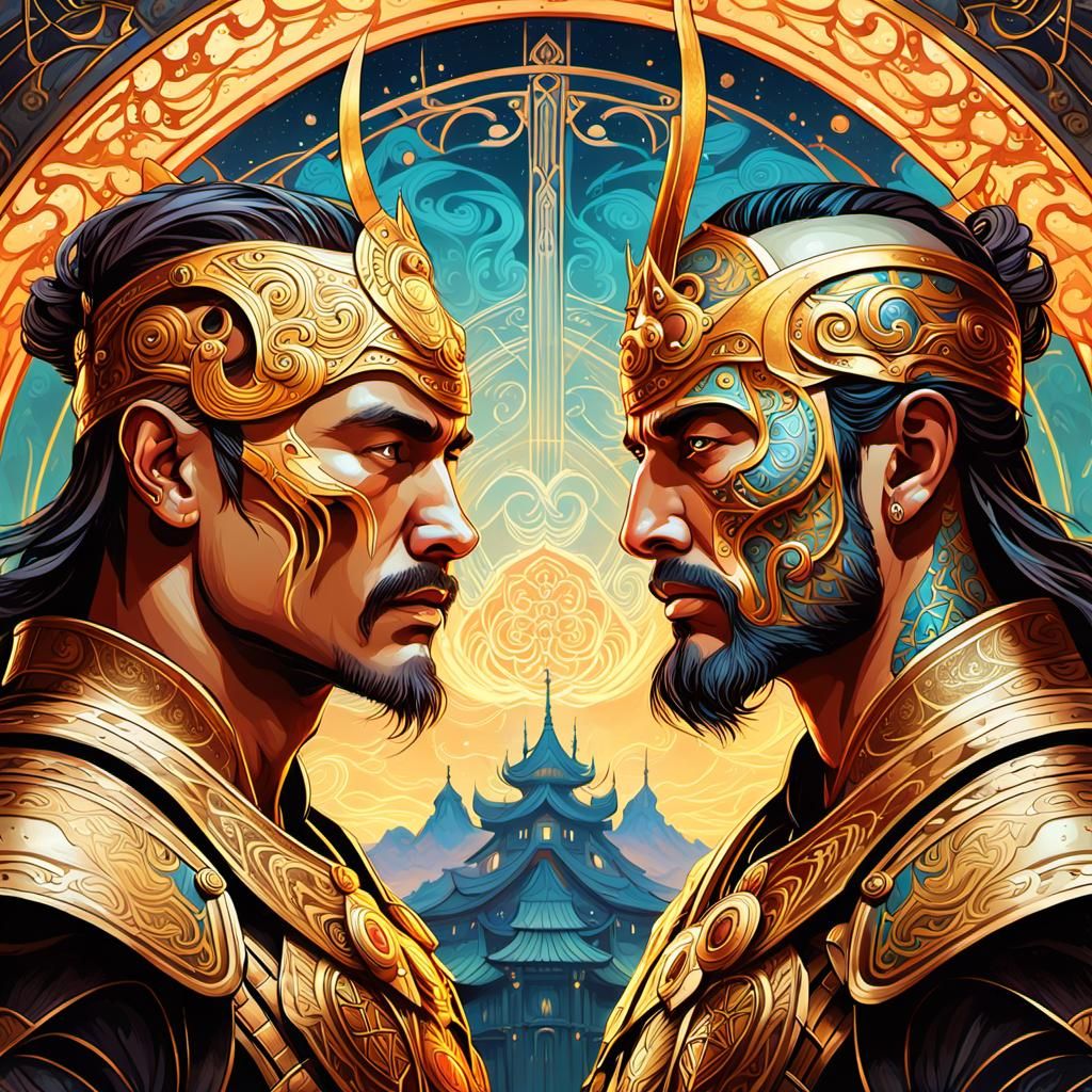 Warriors Face Off in Art Nouveau Fantasy Style