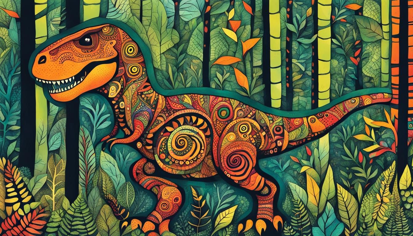 Happy T-Rex in Forest: Zentangle Ink Illustration